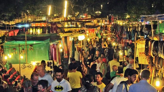 Sun-dresses and chunky jewellery at Flea market in Apora, Goa