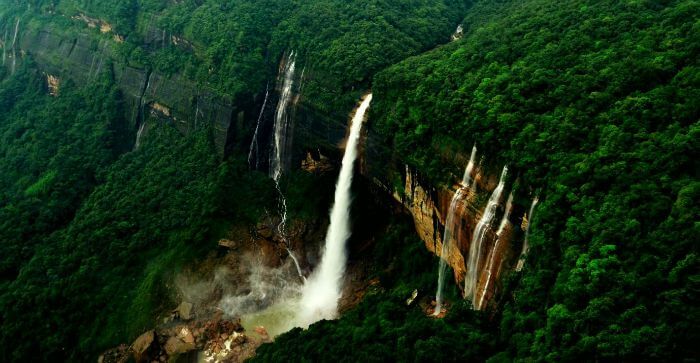 A breathtaking bird's-eye view of the greens and the Nohkalikai Falls in Cherrapunji