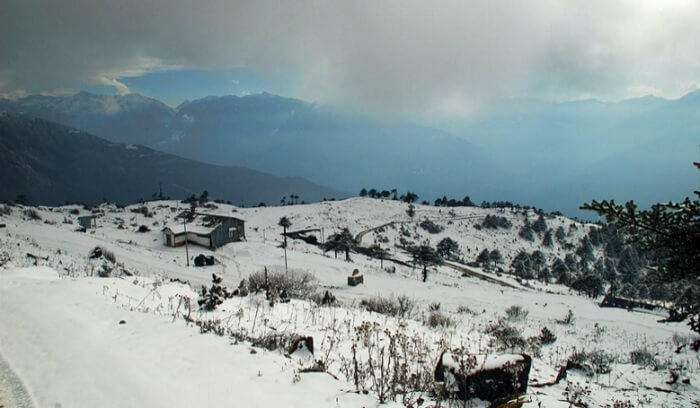 Snow covered view of Tawang