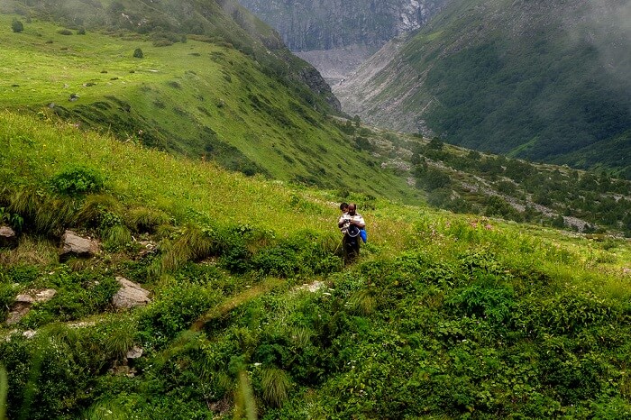 Locals walk through the Valley of Flowers