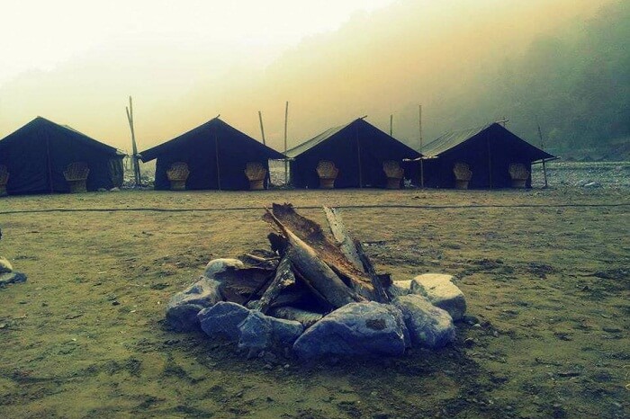An early morning view of camp at the Ravers Camp in Rishikesh