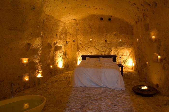 A suite at the Sextantio Cave Hotel in Matera