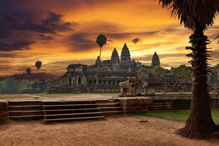 A sunset shot of the Angkor Wat Temple in Cambodia