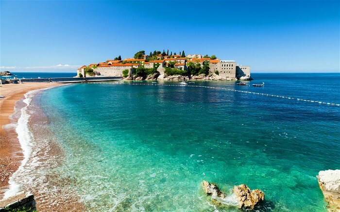 View of Sveti Stefan Beach in Montenegro