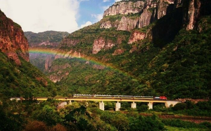 AnEl Chepe train cutting through the canyon in Mexico