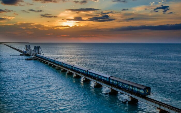 AnIndian Railway train crossing the Sea Bridge near Rameshwaram