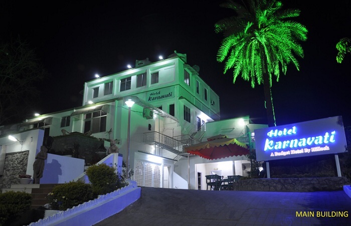 A view of the main building at the Hotel Karnavati