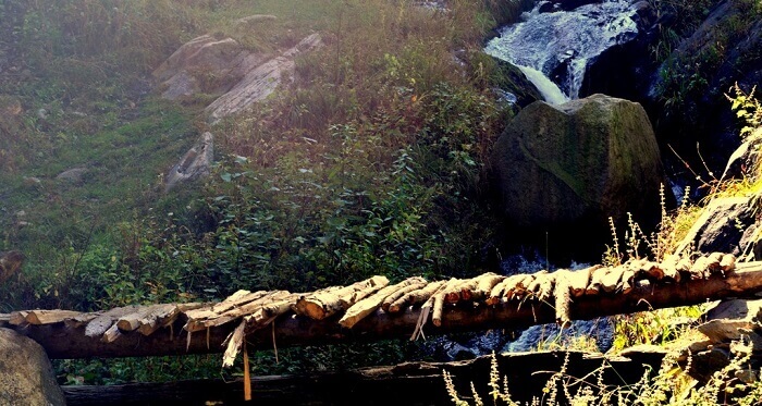 Bridges made of wood ensure a safe passage through the Kheer Ganga trek