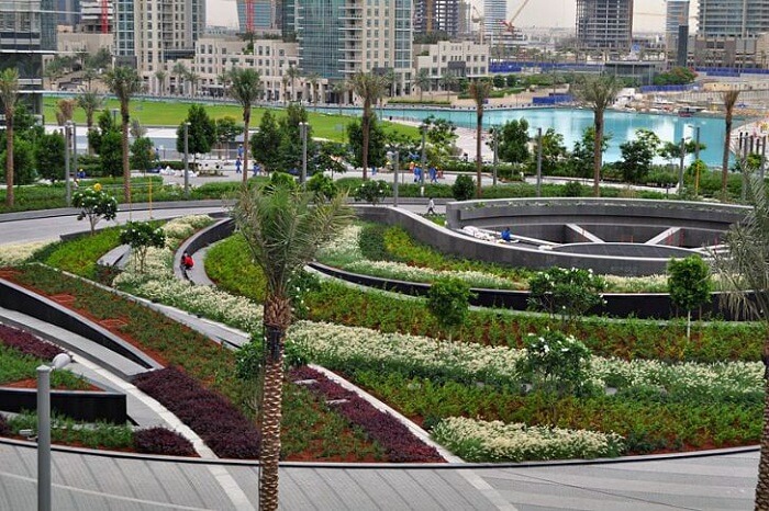 The beautiful Burj Khalifa Tower Park surrounding the tower