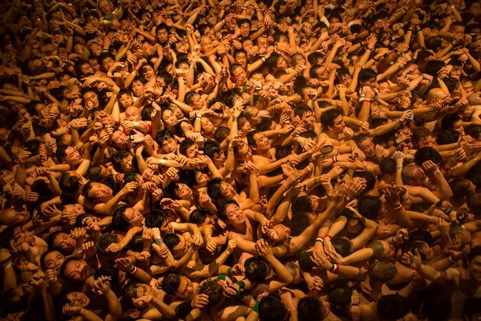 The semi naked Japanese waiting to grab the talisman during Hadaka Matsuri fest