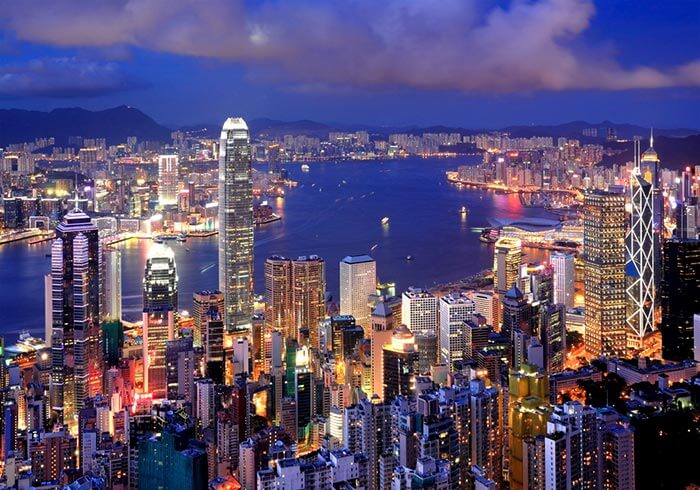 The cityscape and skyscrapers of Hong Kong city, as visible from Victoria’s Peak