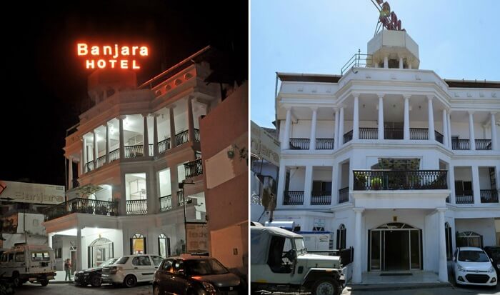 The entrance of the Banjara Hotel at night and in day