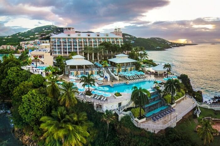 A wide angle shot of the Frenchman Reef Marriott beach resort in US Virgin Islands