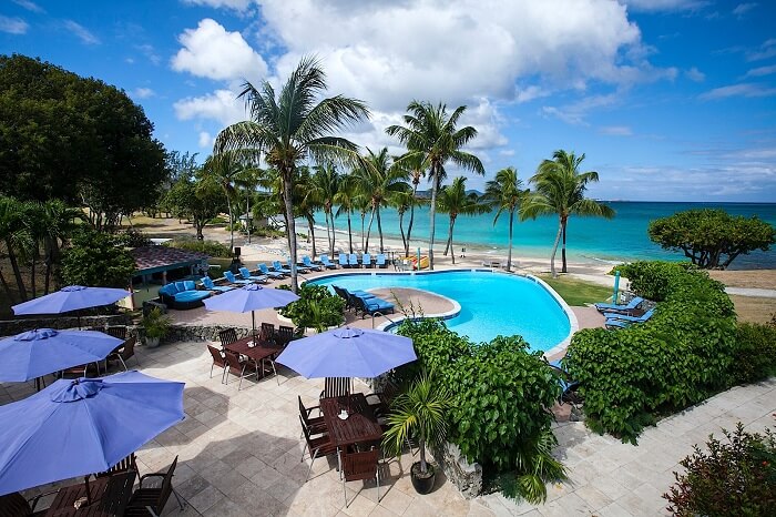 The grotto and swimming pool by the beach at the Buccaneer resort in the US Virgin Islands