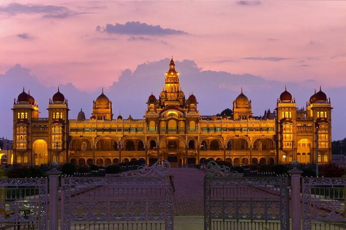 An evening shot of the Amba Vilas in Mysore