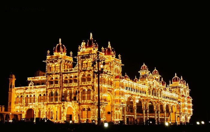 view of the Mysore Palace at night