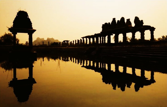 View of the Vijaya Vittala Temple during twilight at Hampi