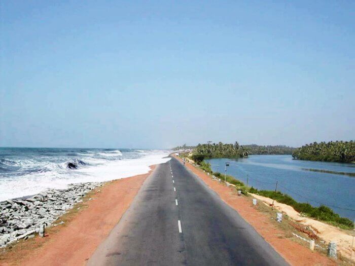Maravanthe beach on left and Suparnika river on right on the Mangalore-Goa cycling route