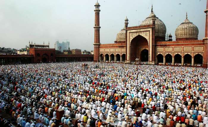 Devotees bow to their God on Eid at the largest mosque in India. 