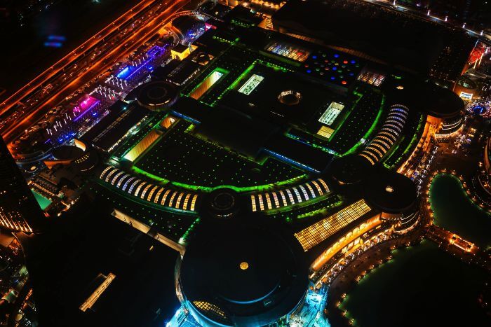 Top night view of one of the most popular tourist attractions in Dubai - The Dubai Mall