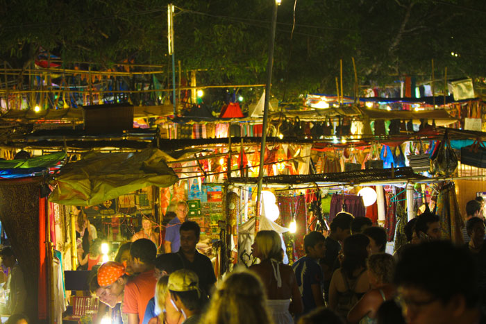 A flea market at night near Arambol Beach
