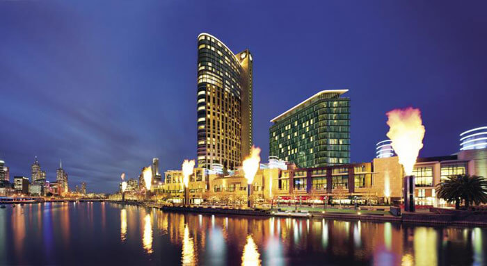 A well lit night view of Crown Towers- the best resort in Australia