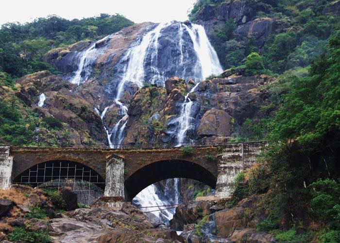 The railway bridge in front of the majestic Dudhsagar falls in Goa