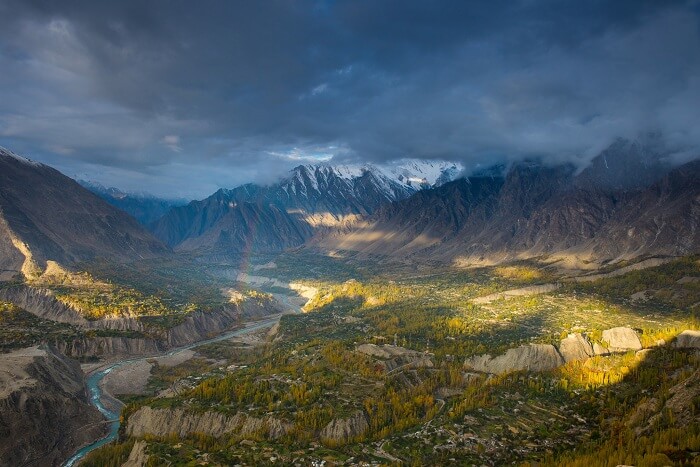 A view of the Hunza Valley in Pakistan with clouded skies