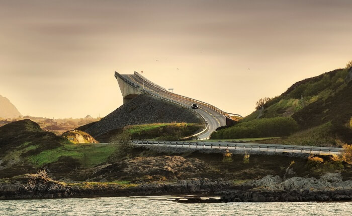 The Atlantic Ocean Road at Atlanterhavsveien in Norway appears to be leading to nowhere