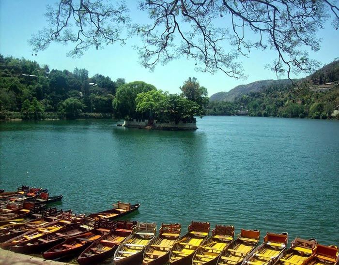 Row of boats at Bhimtal Lake in Uttarakhand