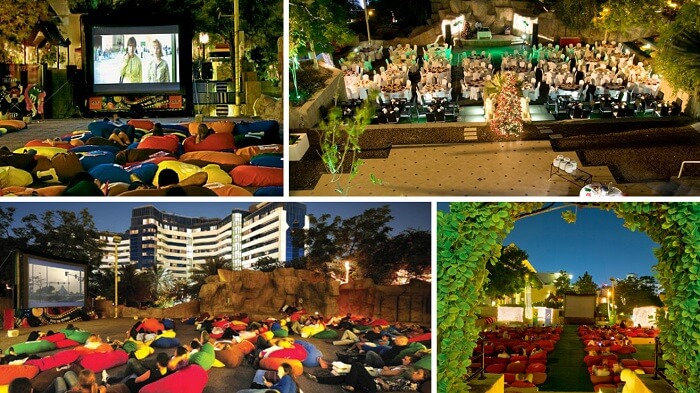 Watching movies under the sky at Pyramids Rooftop Gardens in Dubai