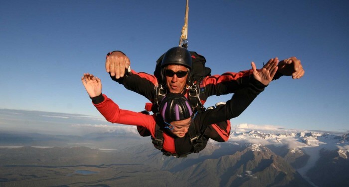 A couple tries skydiving at Fox Glacier