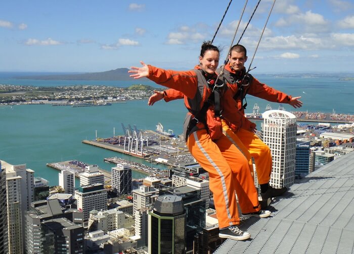 Honeymooners try sky-jumping at sky towers on their honeymoon trip to New Zealand
