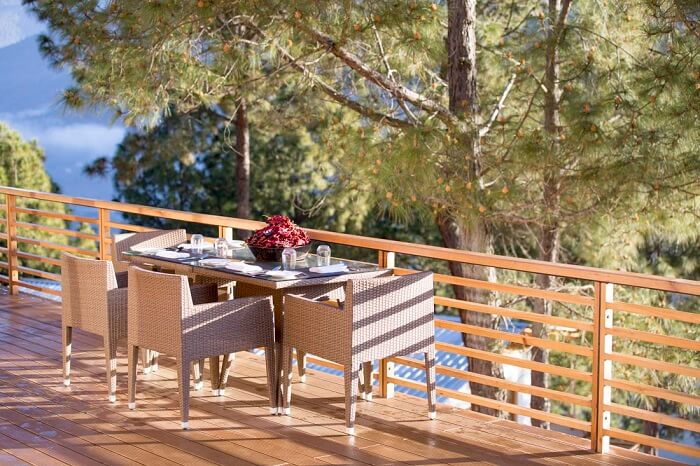 A view of the roof-top sitting area at Dhensa resort in Punakha