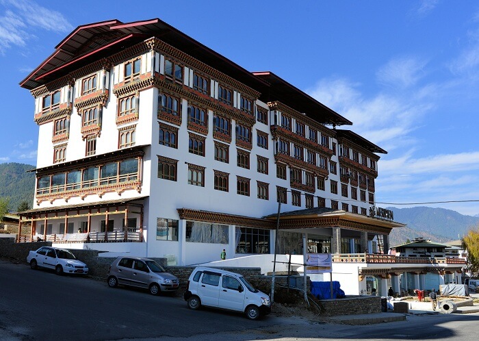 A view of the entry to the Le Meredien Hotel in Thimphu