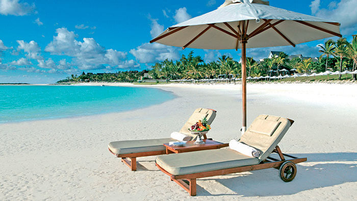 The beautiful hotel with umbrella in Mauritius