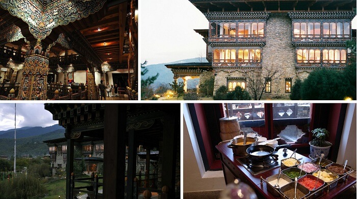 A collage of the many views of Zhiwa Ling hotel at Paro