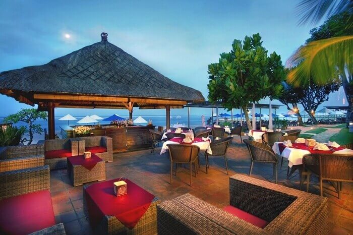 A view of the beach-side dining area at the Grand Aston Bali Beach Resort