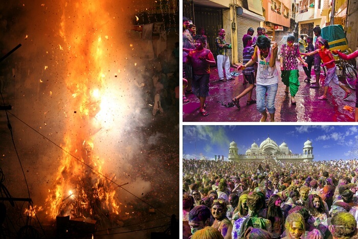 A collage of Holika bonfire and holi celebrations