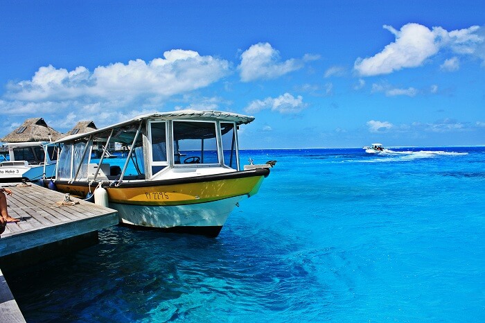 Water taxis standing at the port of a Bora Bora resort