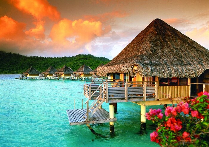 A beautiful view of an overwater villa in Bora Bora