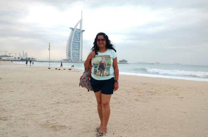 Ojas's wife enjoying the beautiful view of the Jumeirah beach