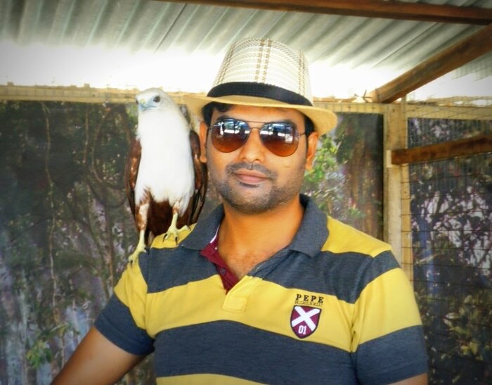 With the eagle on shoulder at Turtle Farm in Bali
