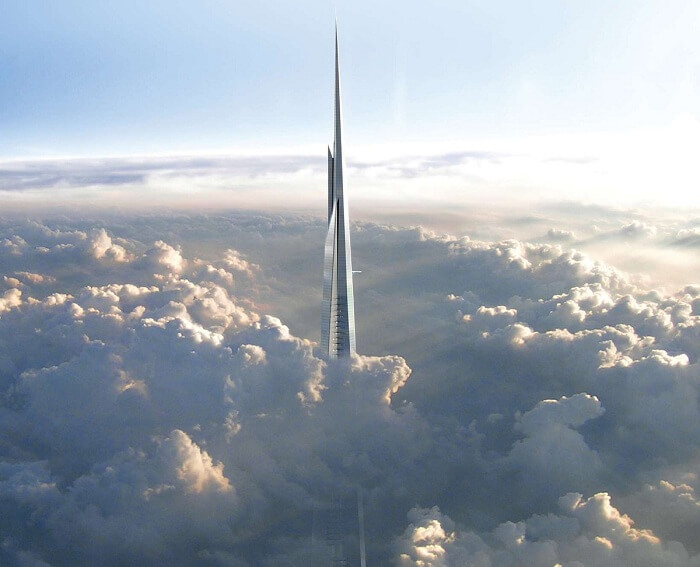A view of the top levels of the soon-to-be-completed Kingdom Tower above the clouds