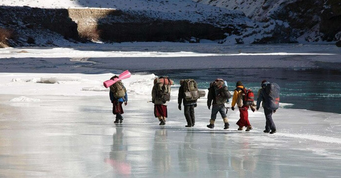 Trekking on a frozen Zanskar river