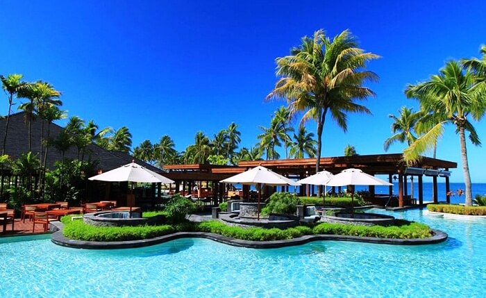 The beautiful swimming pool at the Turtle Island Resort in Fiji