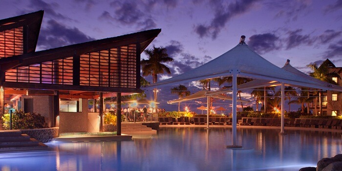 A night shot of the swimming pool at the Radisson Blu Resort in Fiji