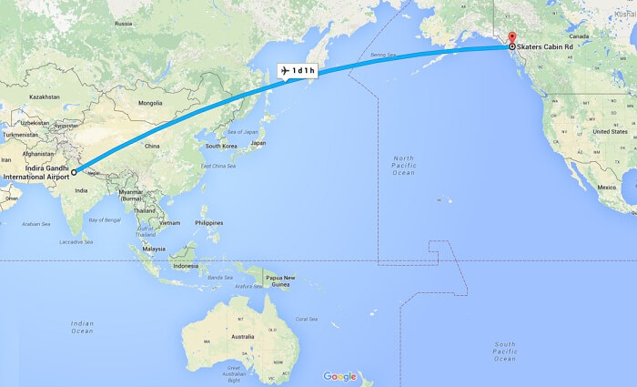 The flight from India to Juneau in Alaska