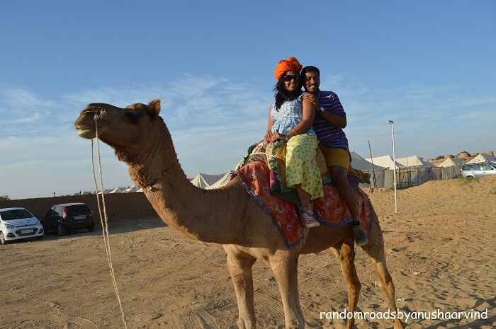 Anusha and Arvind doing a camel ride in Jaisalmer