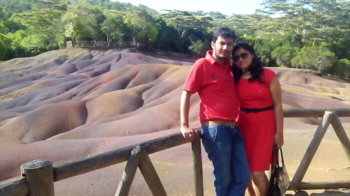 Manuj and his wife in Chamarel Grand Bassin Mauritius